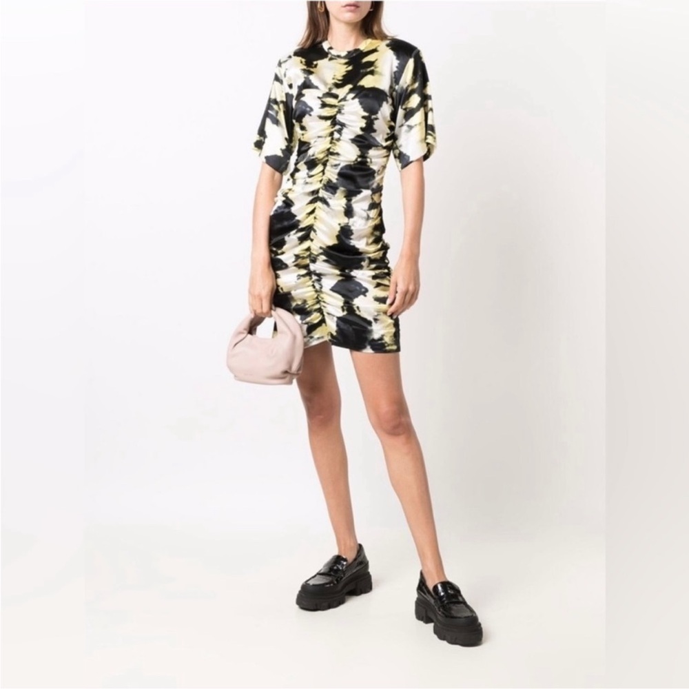 NWT GANNI Ruched printed stretch-silk satin Yellow Black mini dress